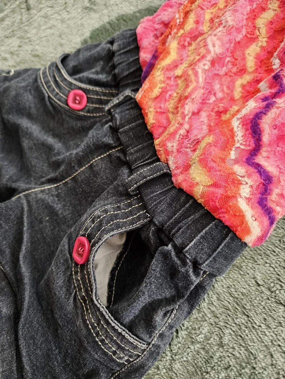 My Michelle Bright Pink Multicolor Ruffle Lace Denim Romper Suit Girls Size 7